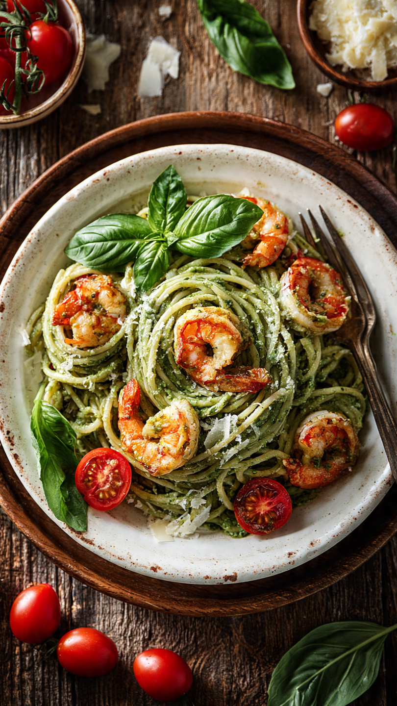 Pesto Shrimp Pasta with Mushrooms
