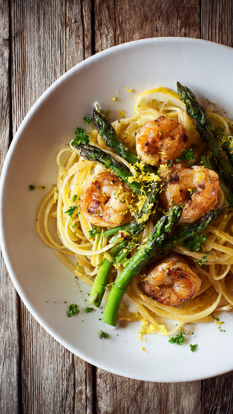 Shrimp Asparagus Pasta with Zesty Lemon Garlic Sauce